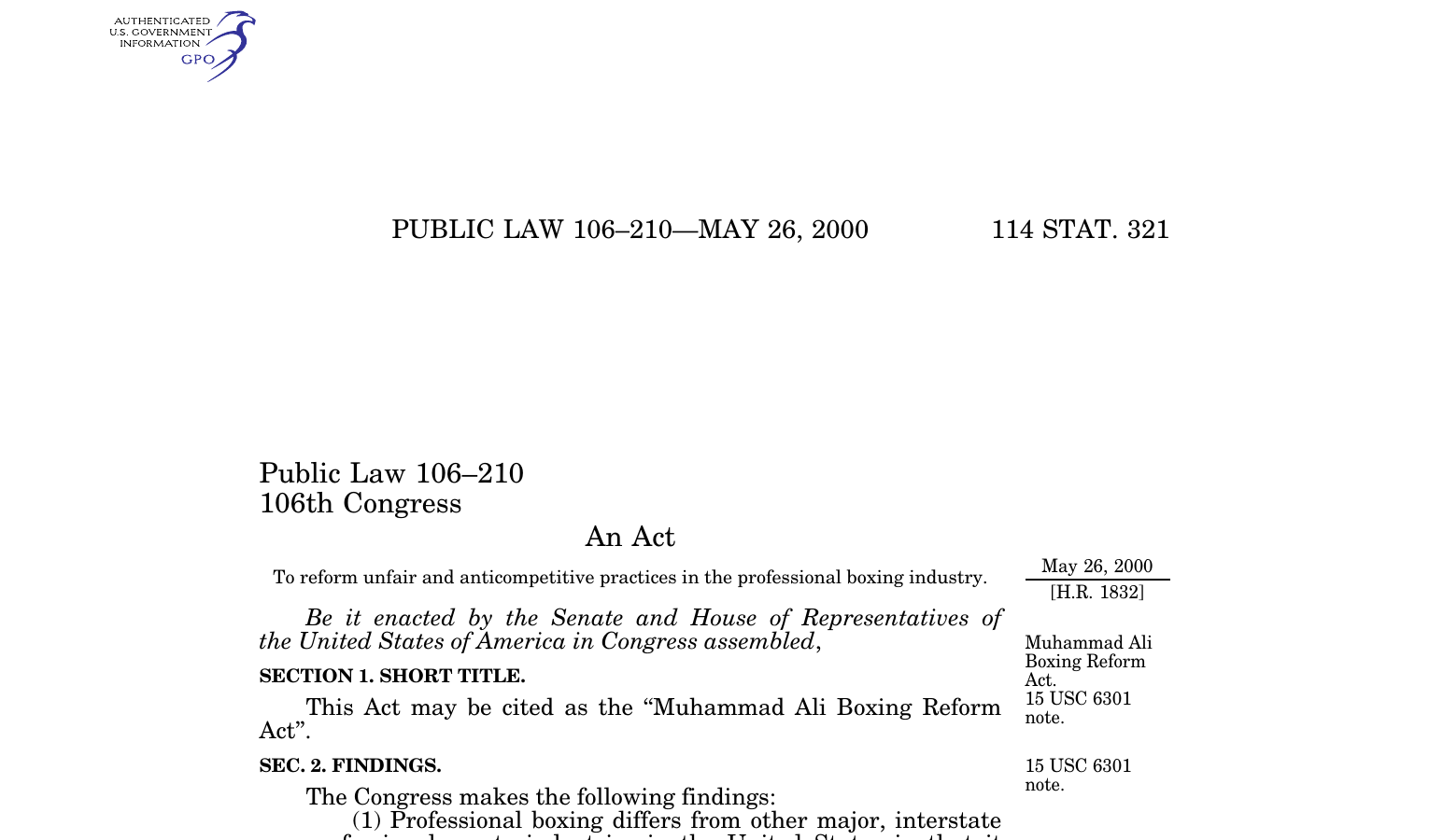 Η επίσημη πρώτη σελίδα του Muhammad Ali Boxing Reform Act του 2000.