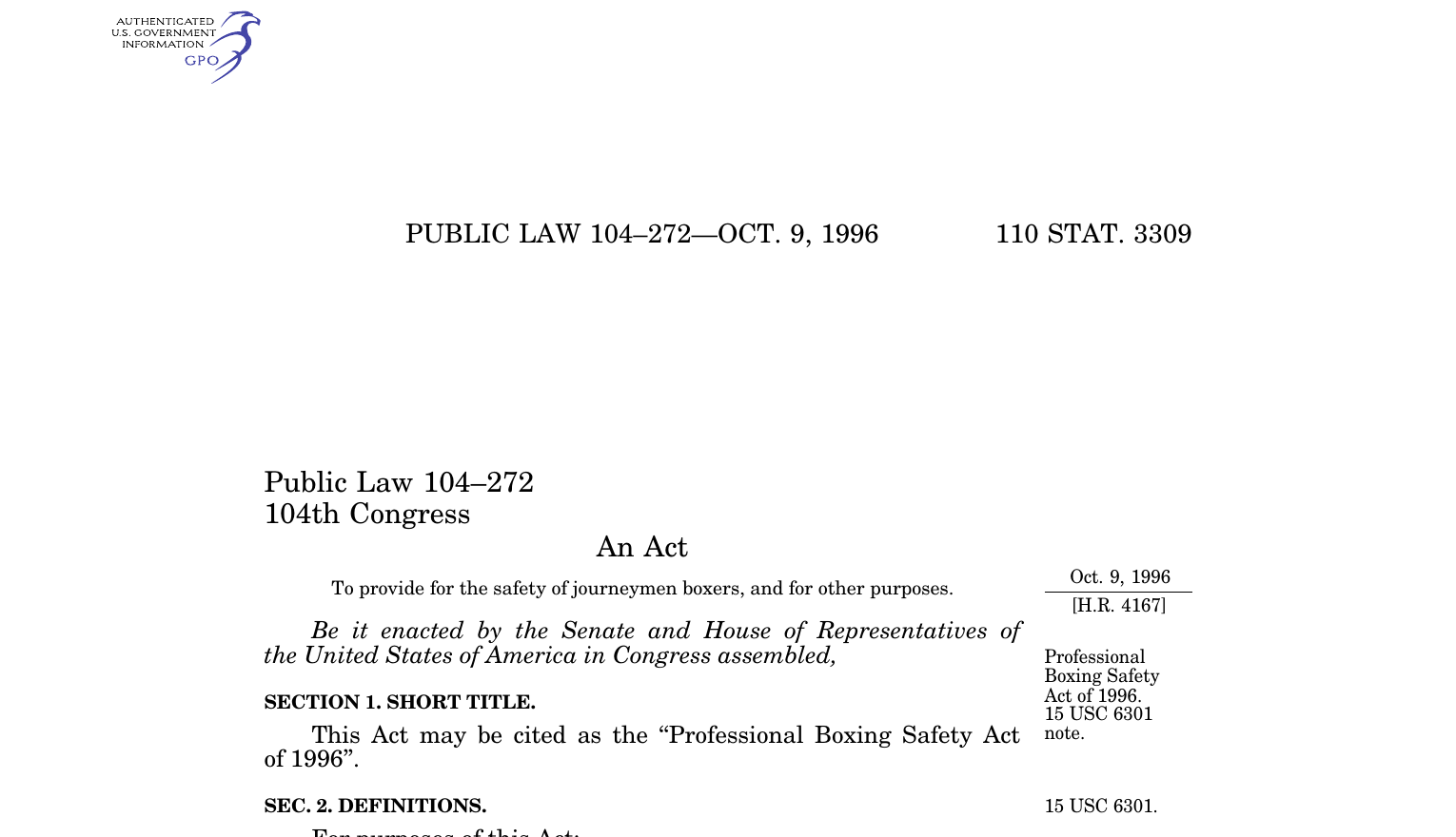 Η επίσημη πρώτη σελίδα του Professional Boxing Safety Act του 1996.